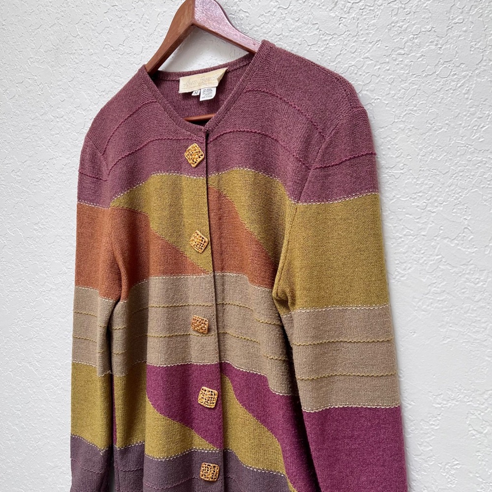 VTG Aya Bendat Cardigan Skirt Set M Wool Rayon Geometric Colorblock Button - Picture 2 of 9